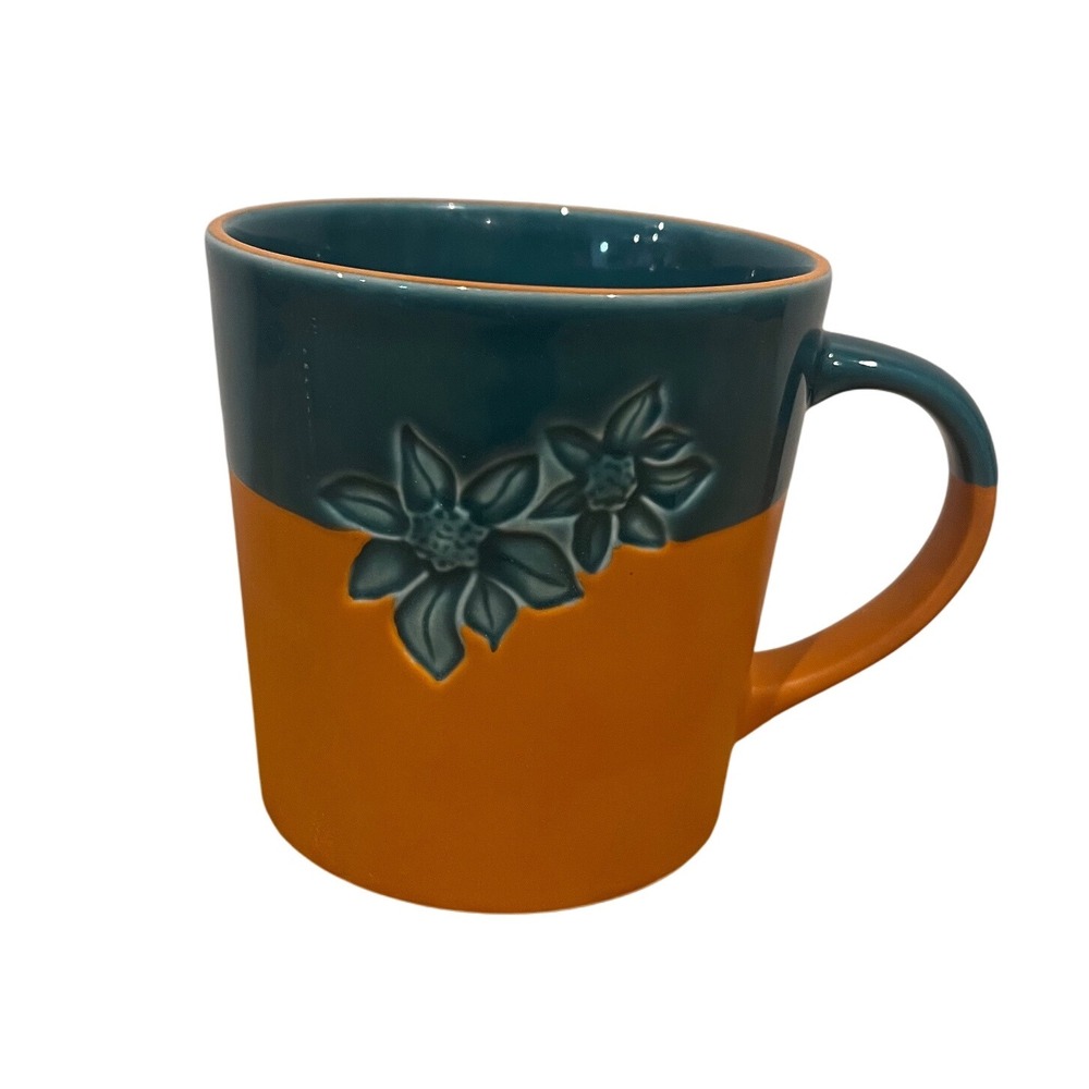 Starbucks Coffee Mug Teal Orange‎ Floral 17 oz Ceramic cup EUC